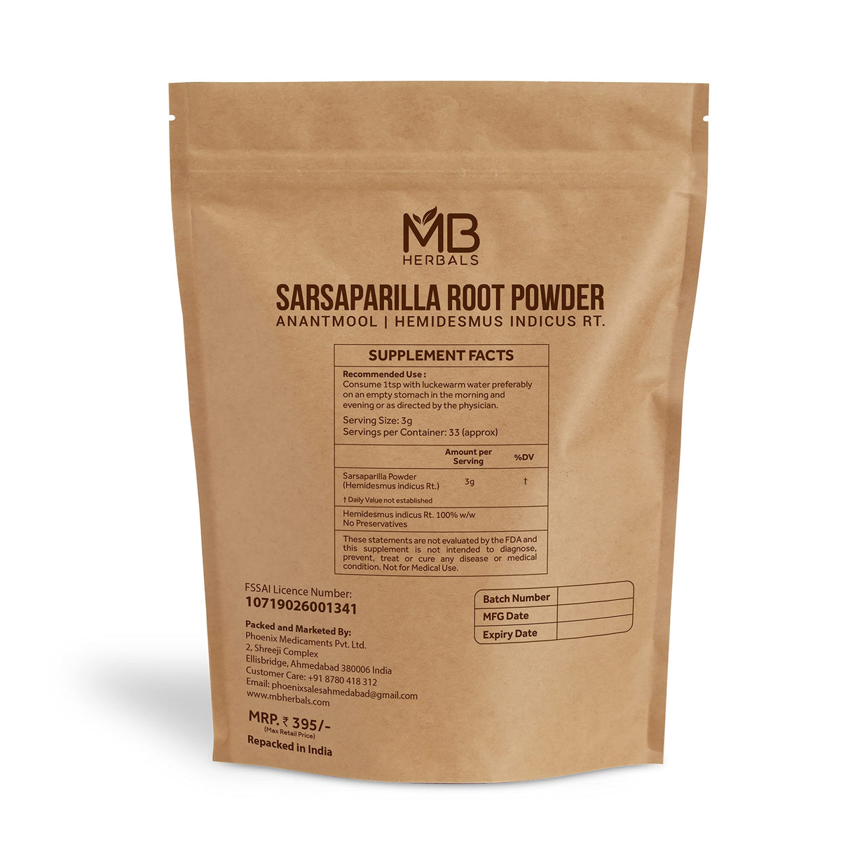 Poudre de racine de sarsaparille MB Herbals 100g, vue de côté