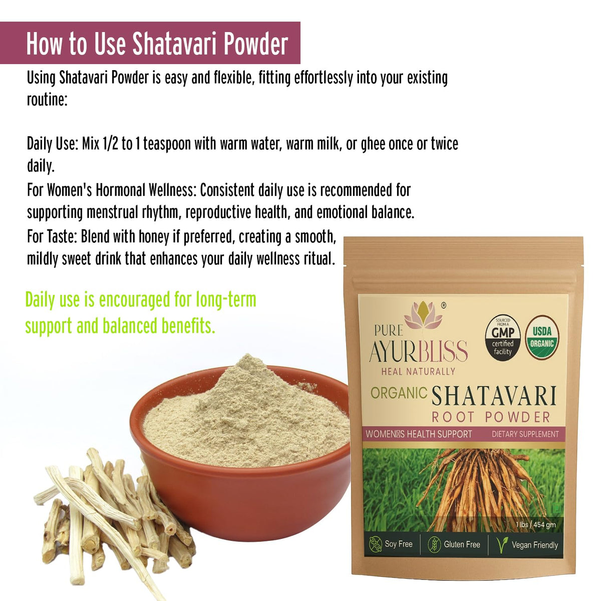 Poudre de racine de Shatavari PureAyurbliss à côté d'un verre d'eau