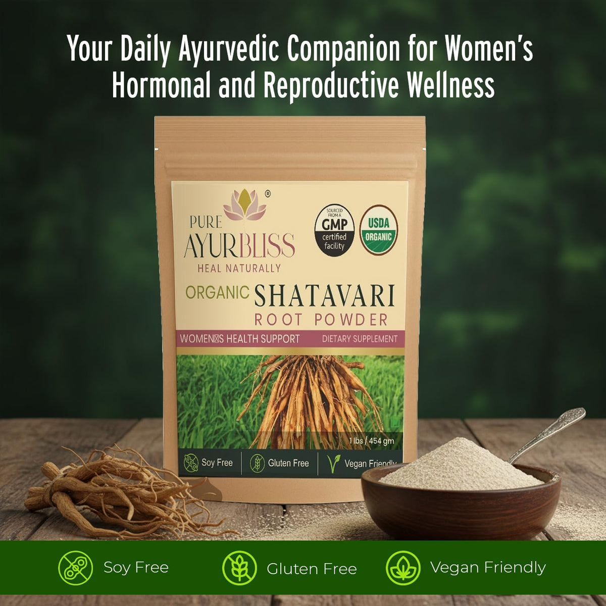 Poudre de racine de Shatavari PureAyurbliss versée dans une cuillère