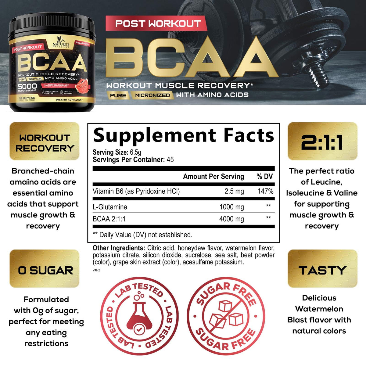 Poudre de récupération musculaire BCAA Nature's Nutrition 331g avec cuillère