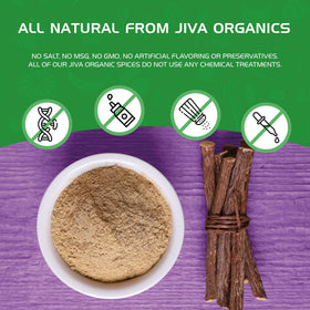 Poudre de réglisse Jiva Organics à côté d'autres herbes