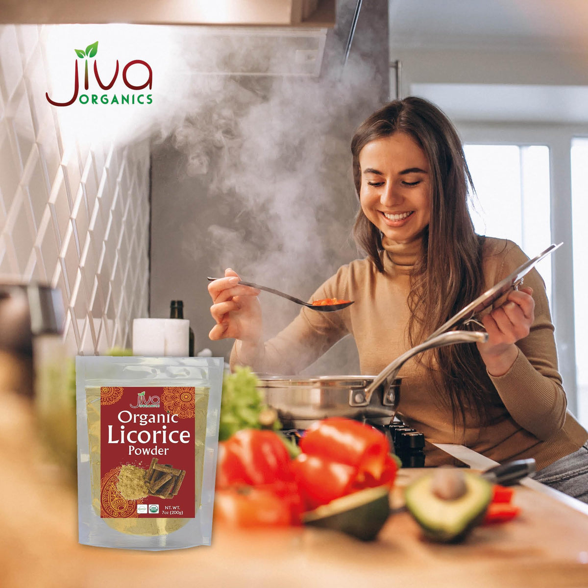 Poudre de réglisse Jiva Organics sur une table en bois