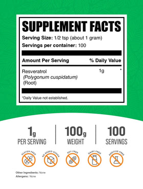 Poudre de resvératrol BulkSupplements 100g avec cuillère doseuse