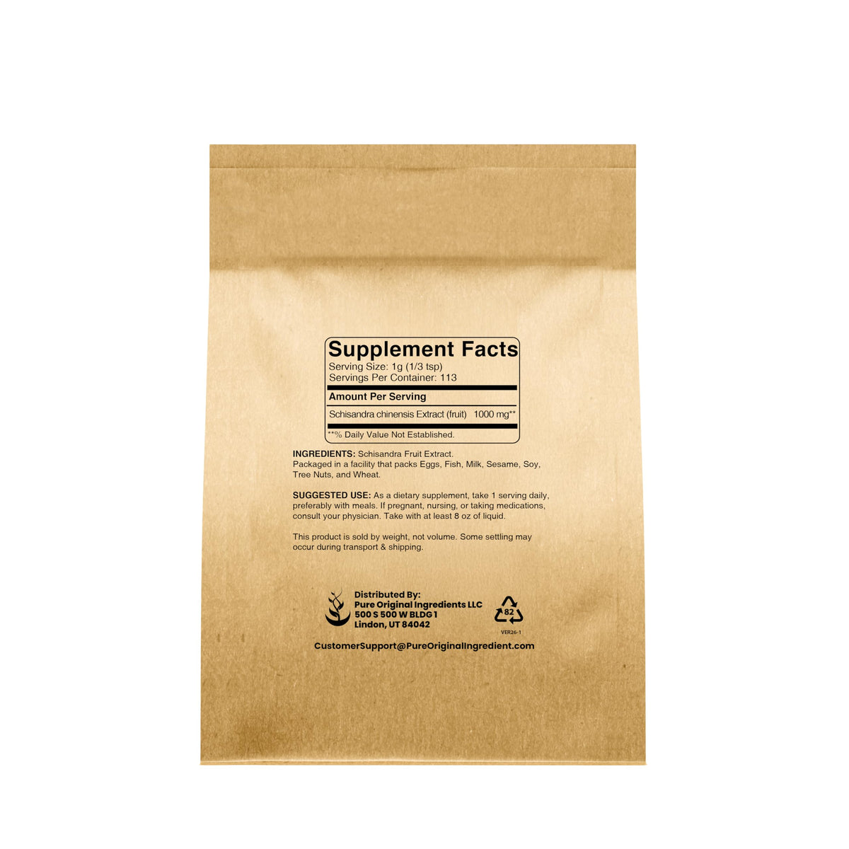 Poudre de Schisandra PURE ORIGINAL INGREDIENTS vue arrière montrant les informations nutritionnelles