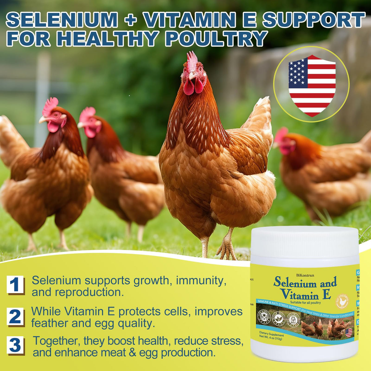 Poudre de Sélénium et Vitamine E BiKontrun mélangée avec des granulés pour volailles