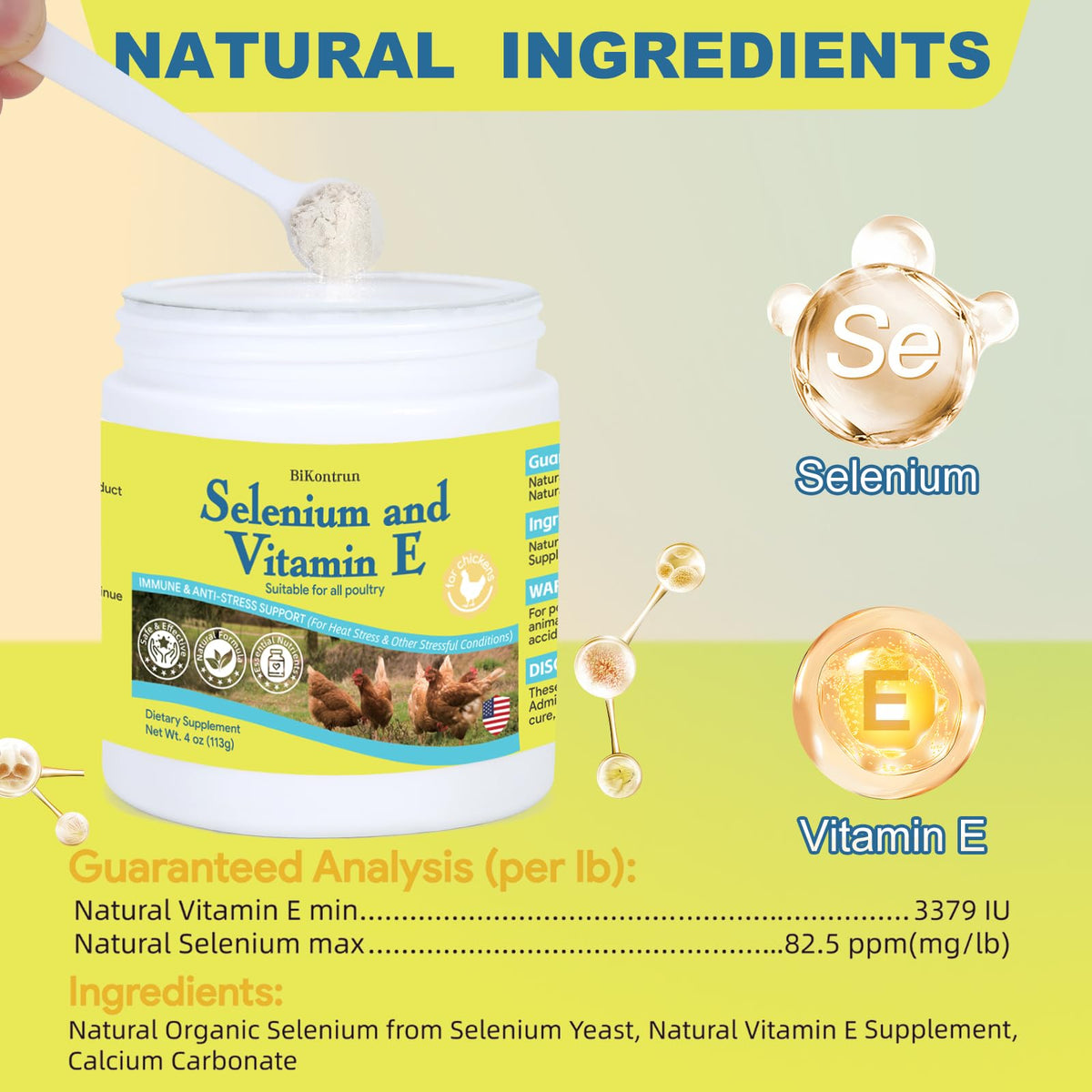 Poudre de Sélénium et Vitamine E BiKontrun sur une table