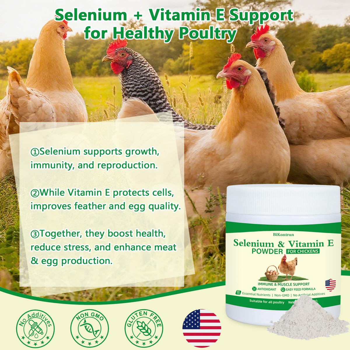 Poudre de sélénium et vitamine E BiKontrun sur une table