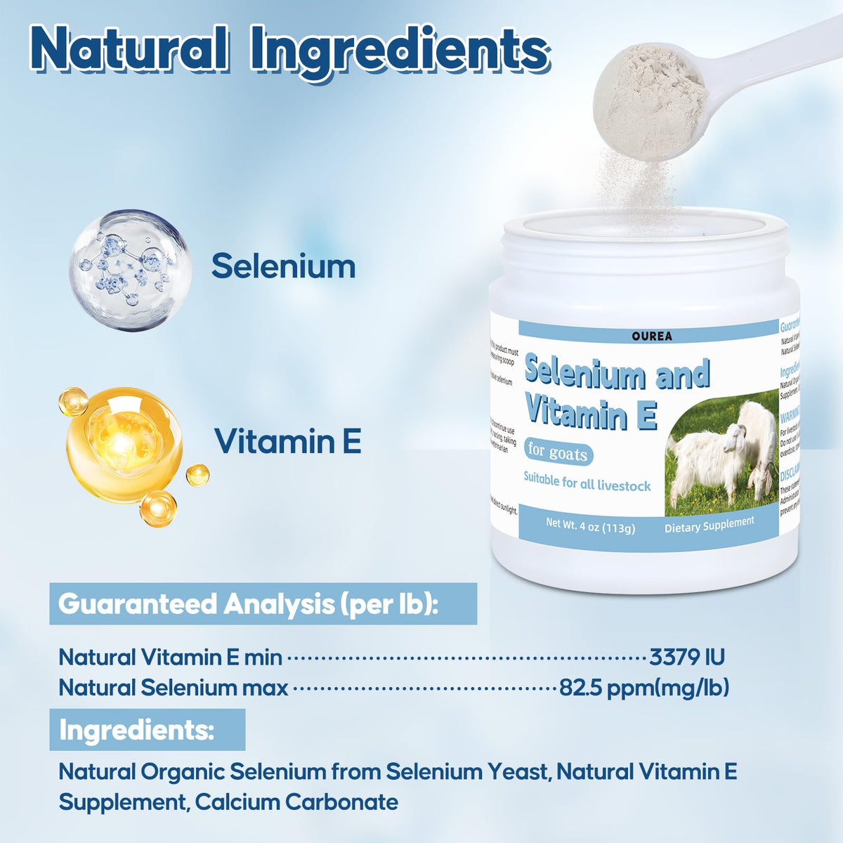 Poudre de sélénium et vitamine E Ourea sur un fond blanc