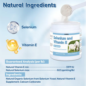 Poudre de sélénium et vitamine E Ourea sur un fond blanc