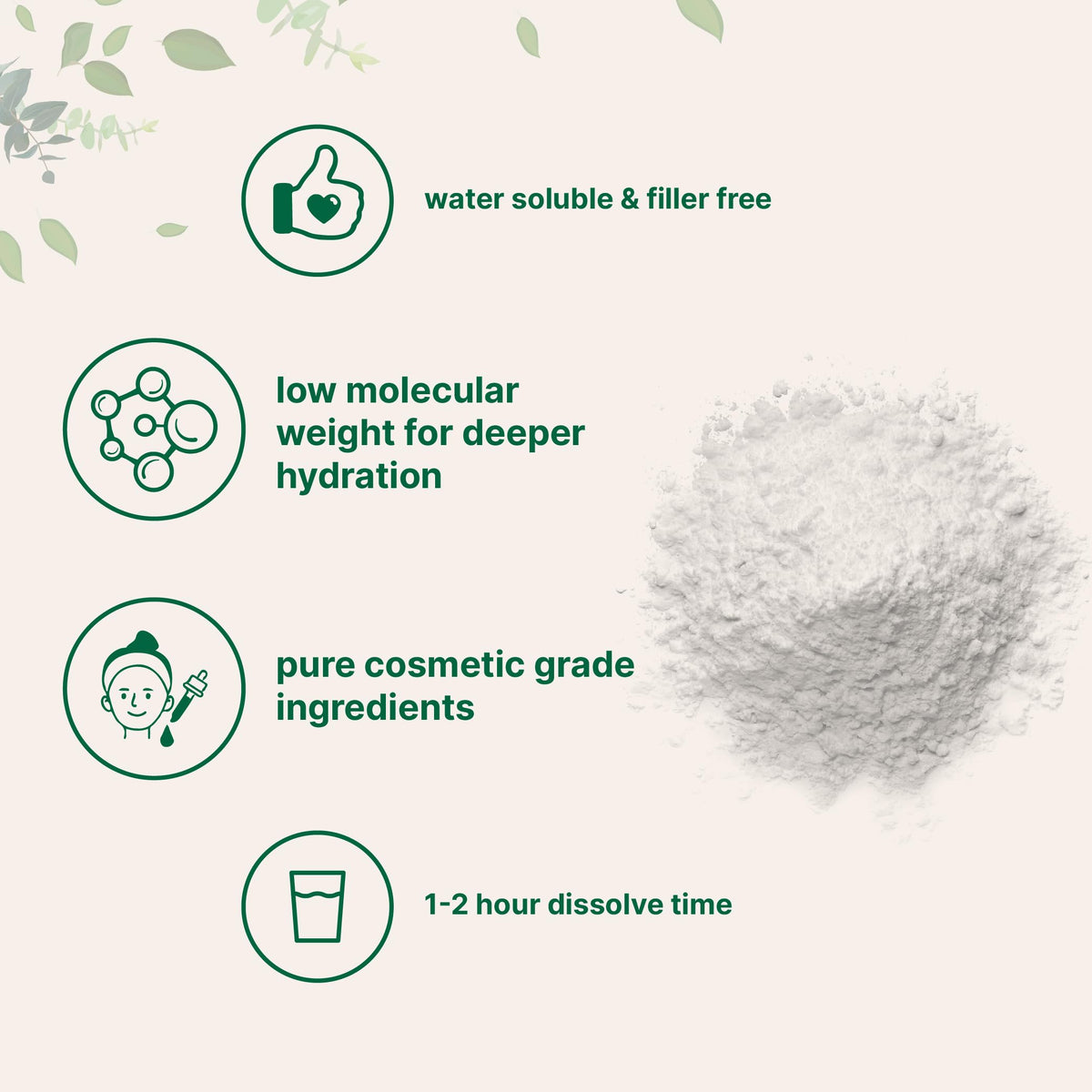 Poudre de sérum acide hyaluronique dissoute dans un verre d'eau