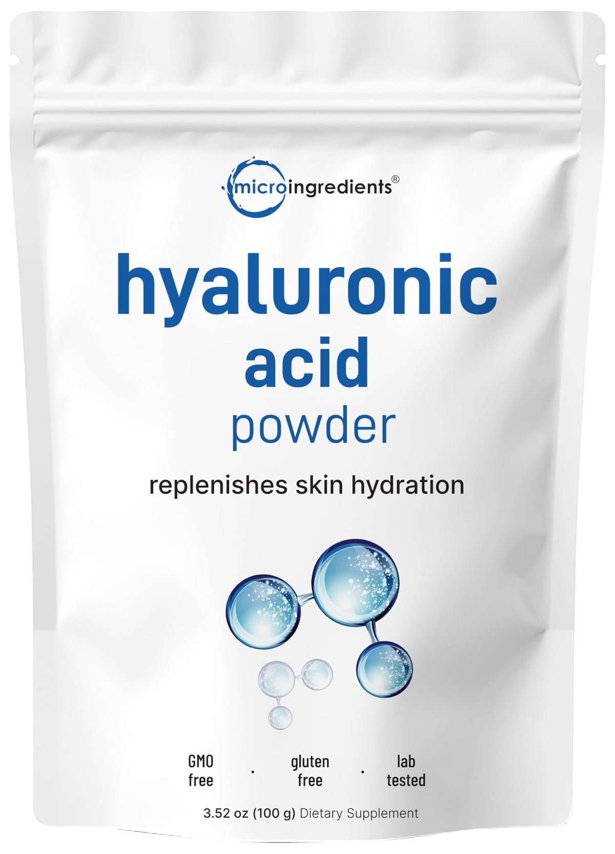 Poudre de sérum acide hyaluronique Micro Ingredients 100g vue de face