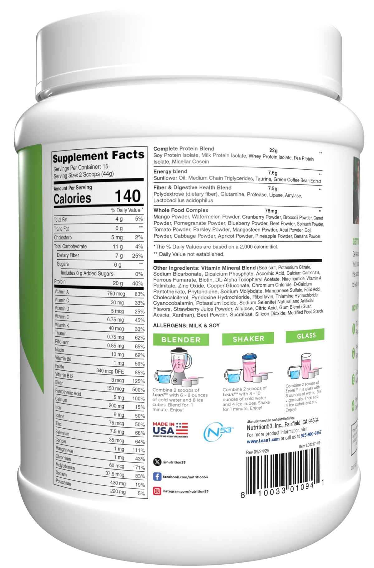 Poudre de shake LEAN1 dans un verre avec des fraises fraîches