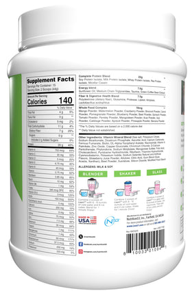 Poudre de shake LEAN1 dans un verre avec des fraises fraîches