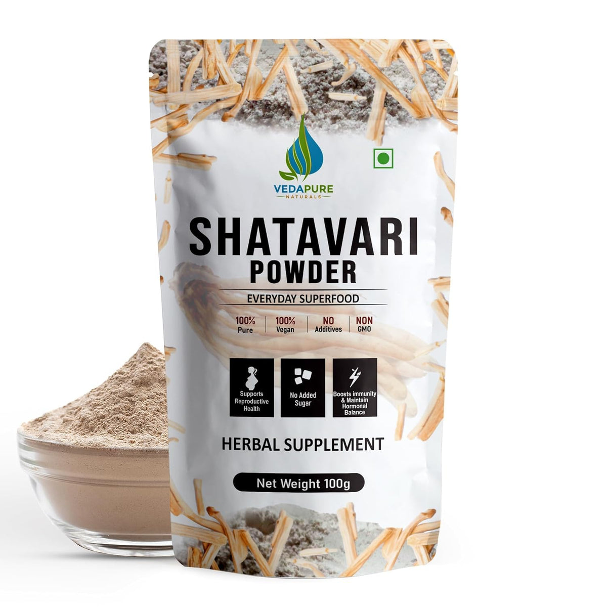 Poudre de Shatavari VEDAPURE 109g vue avant avec emballage