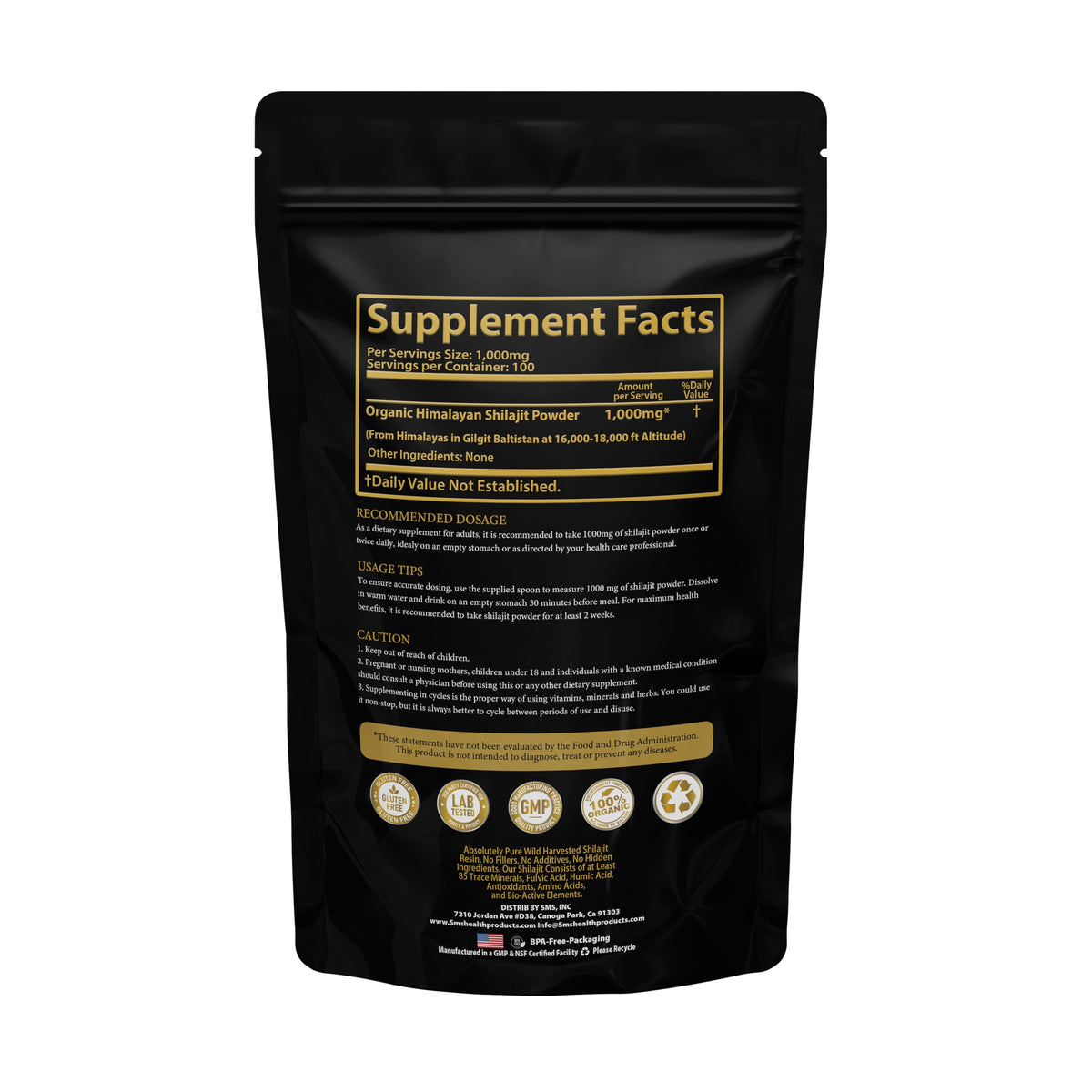 Poudre de Shilajit Himalayen 100g avec des ingrédients naturels en arrière-plan