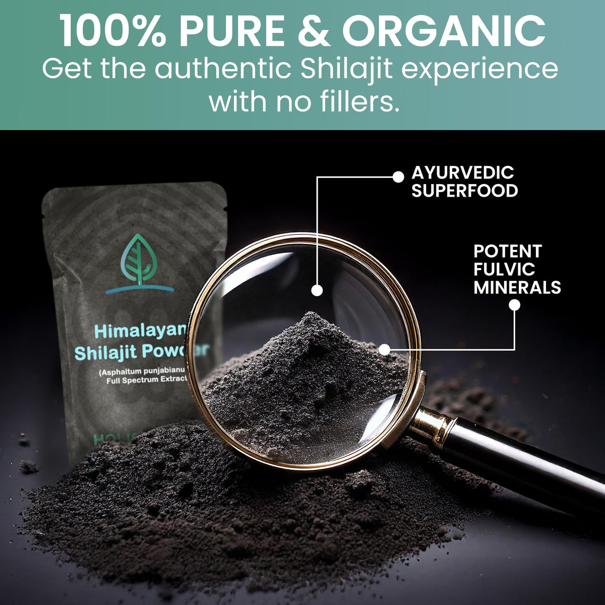 Poudre de Shilajit Holistic Bin mélangée dans un verre d'eau