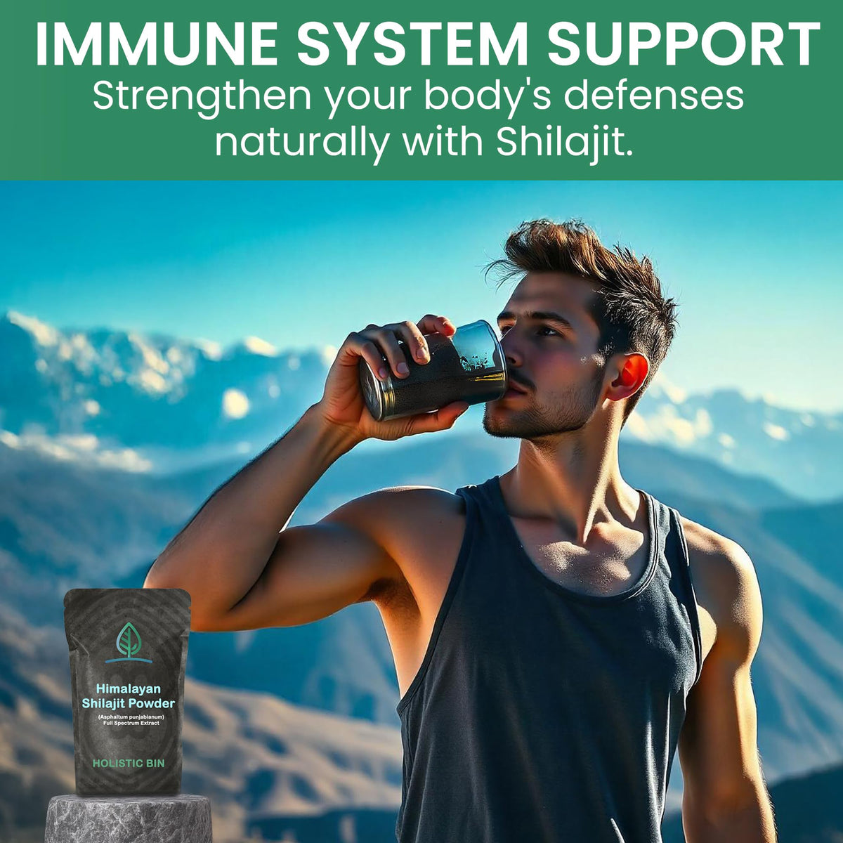 Poudre de Shilajit Holistic Bin sur une table en bois