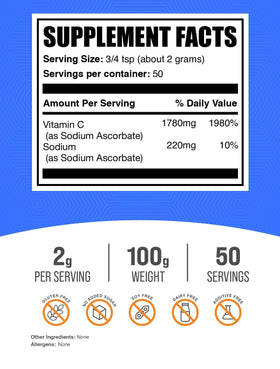 Poudre de Sodium Ascorbate BulkSupplements 100g vue arrière