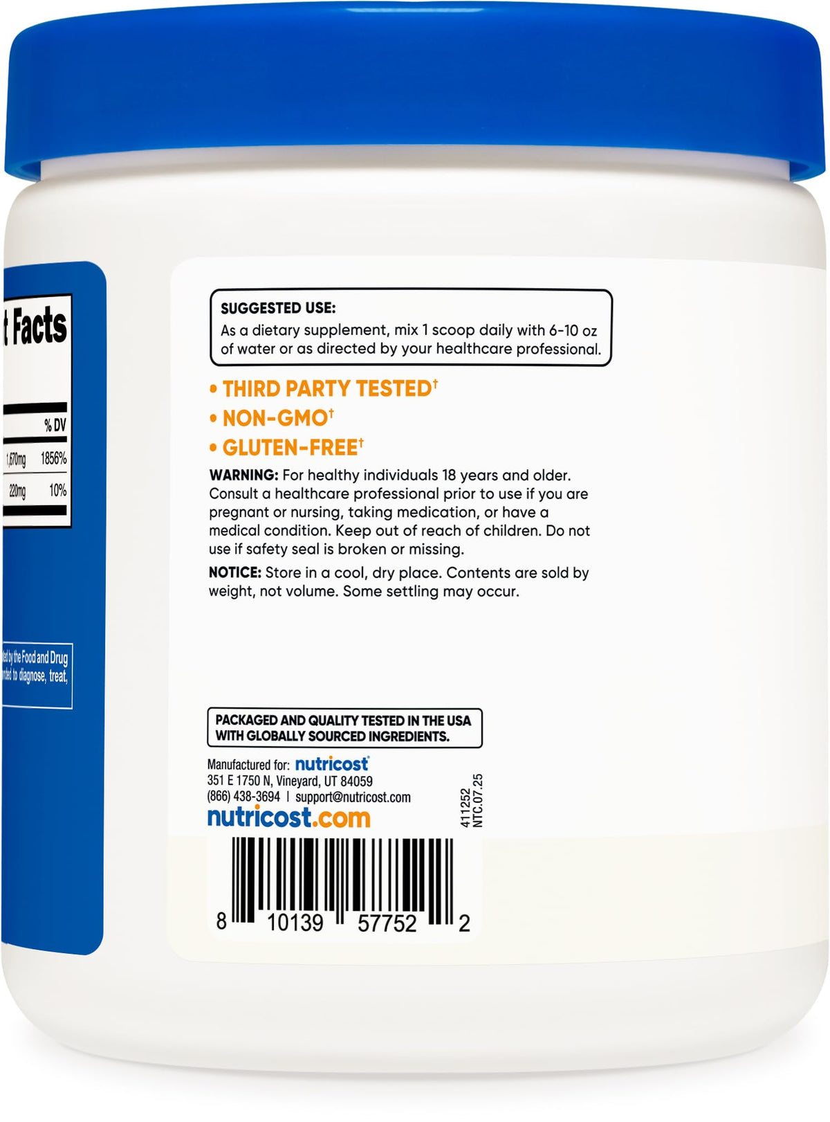 Poudre de sodium ascorbate Nutricost vue de côté