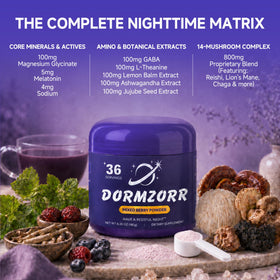 Poudre de sommeil Dormzorr avec ingrédients sur la table
