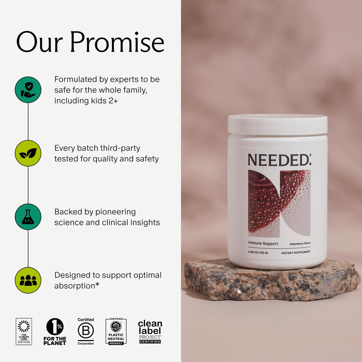 Poudre de soutien daily wellness Needed. sachet à côté de fruits frais