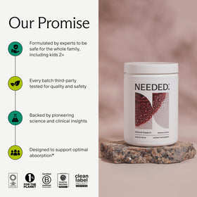 Poudre de soutien daily wellness Needed. sachet à côté de fruits frais