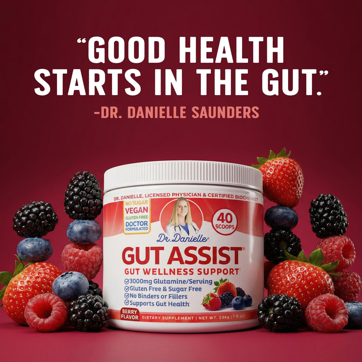 Poudre de soutien intestinal Doctor Danielle 458g et ingrédients sur un fond blanc