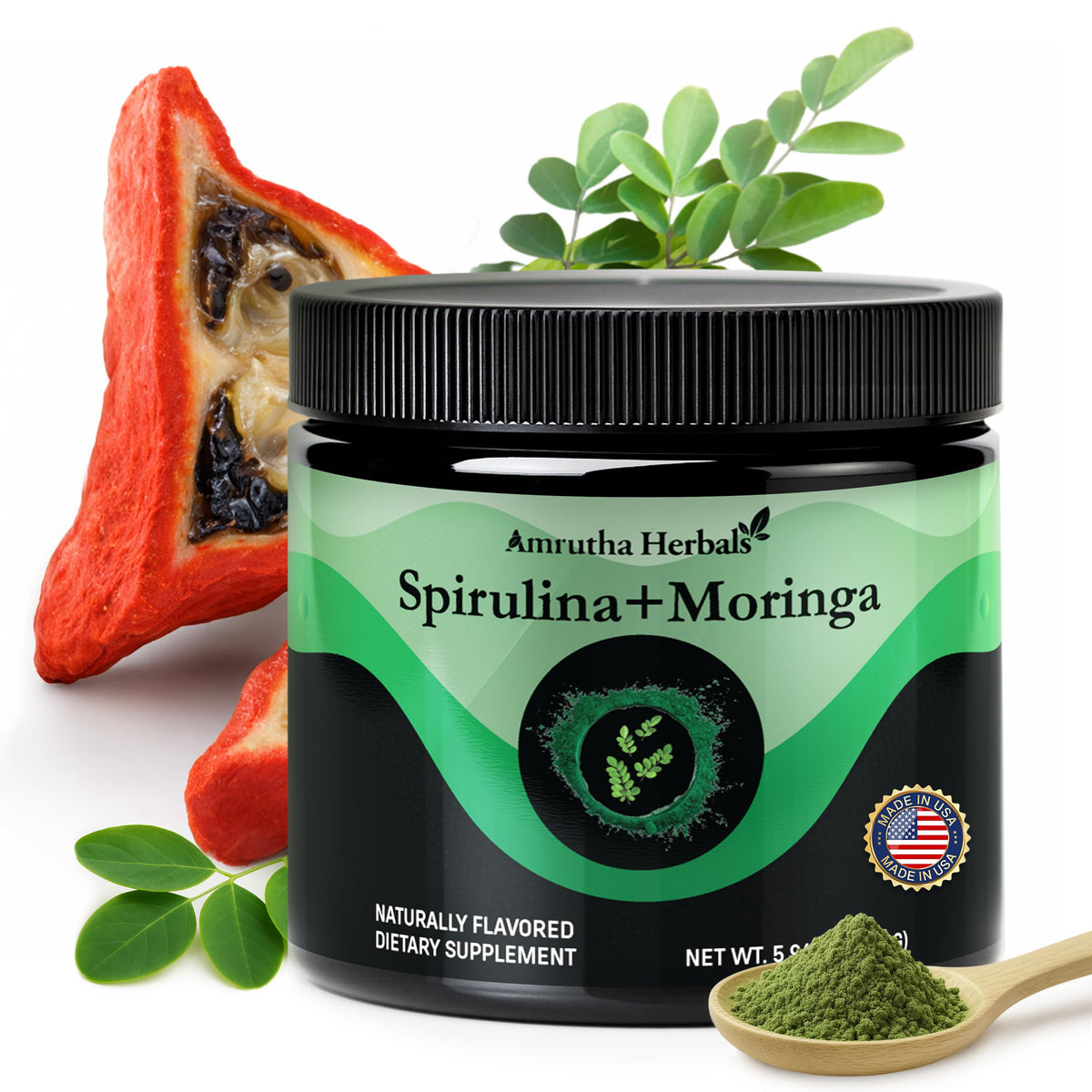 Poudre de Spiruline Bio et Moringa Amrutha Herbals, cuillère à doser