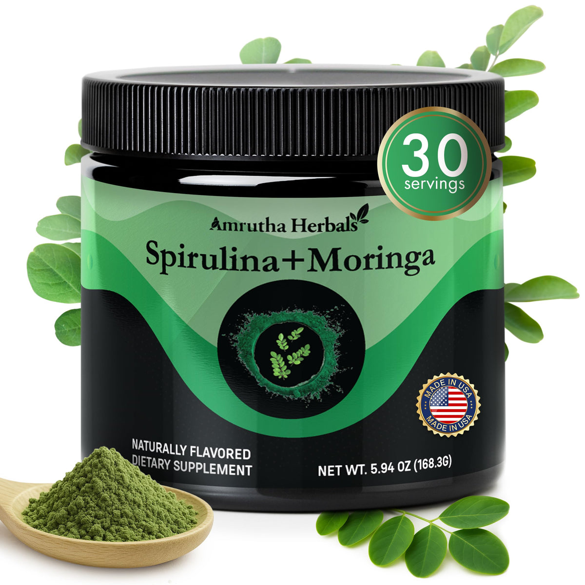 Poudre de Spiruline Bio et Moringa Amrutha Herbals, pot ouvert
