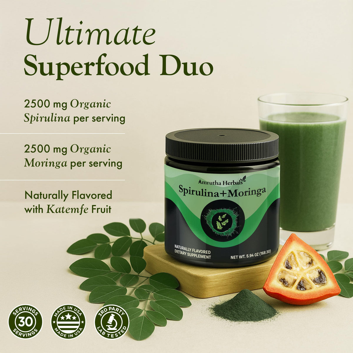 Poudre de Spiruline Bio et Moringa Amrutha Herbals, vue latérale du pot