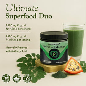 Poudre de Spiruline Bio et Moringa Amrutha Herbals, vue latérale du pot