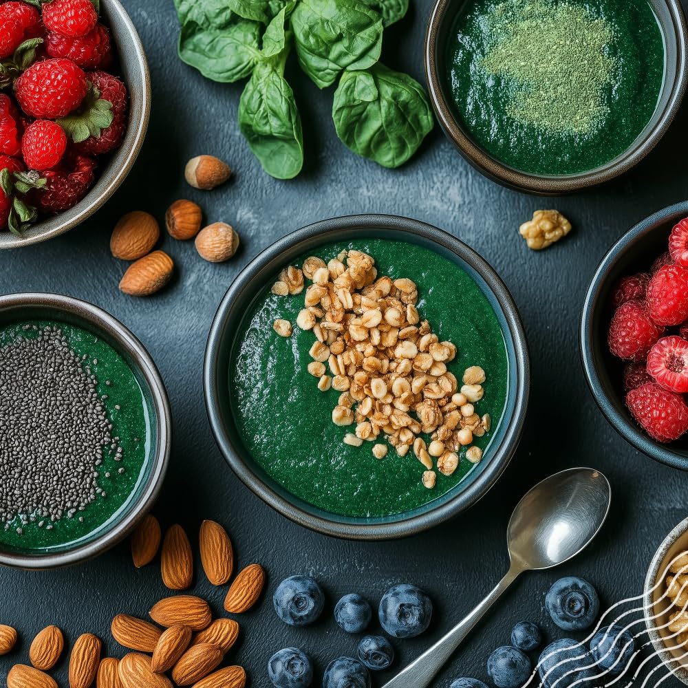Poudre de spiruline bio NaturaleBio sur une cuillère en bois