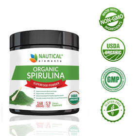 Poudre de Spiruline Bio Nautical Elements dans un bol avec cuillère