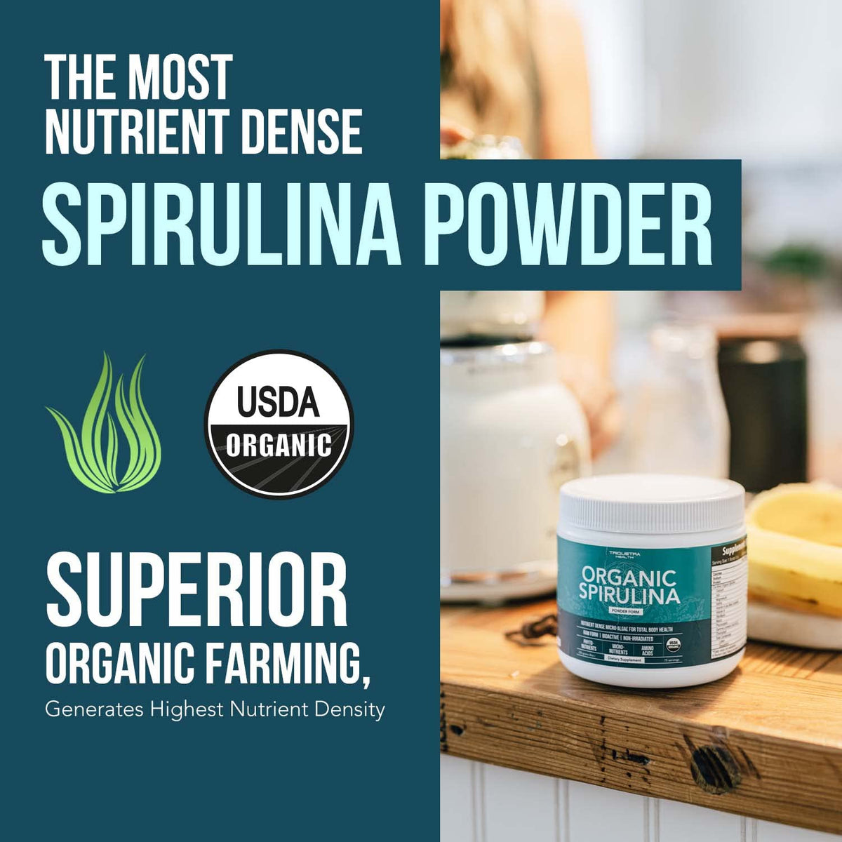 Poudre de spiruline bio Parry 272g dans un bol