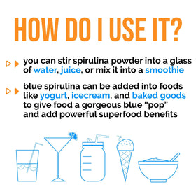 Poudre de Spiruline Bleue Bio avec des ingrédients frais autour