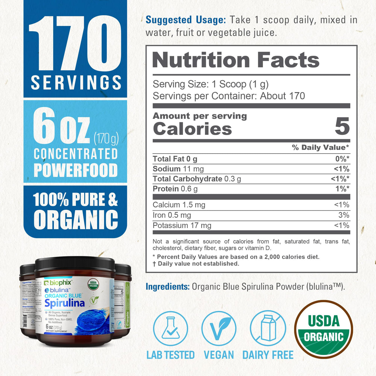 Poudre de spiruline bleue bio biophix au milieu de fruits et légumes