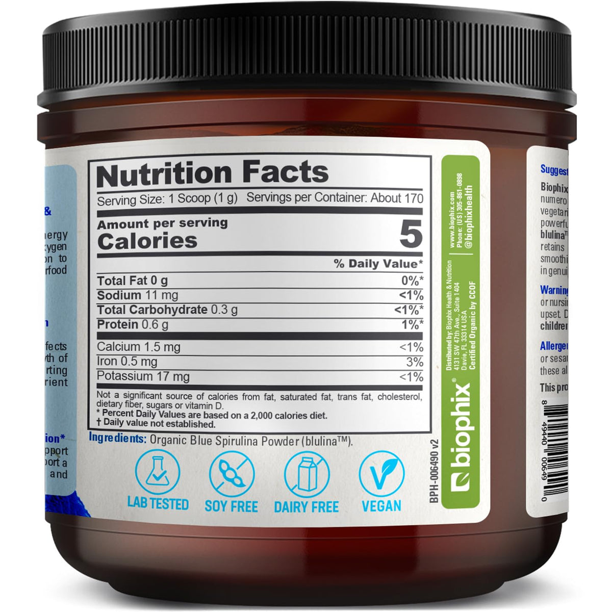 Poudre de spiruline bleue bio biophix avec des ingrédients naturels
