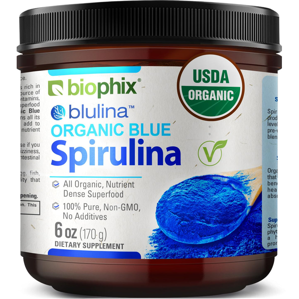 Poudre de spiruline bleue bio biophix dans un pot de 6 oz