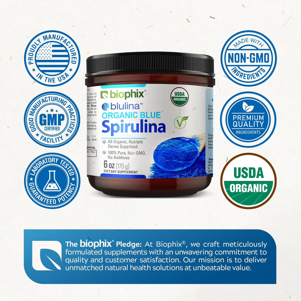 Poudre de spiruline bleue bio biophix sur une cuillère en bois