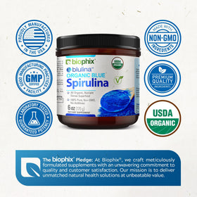 Poudre de spiruline bleue bio biophix sur une cuillère en bois