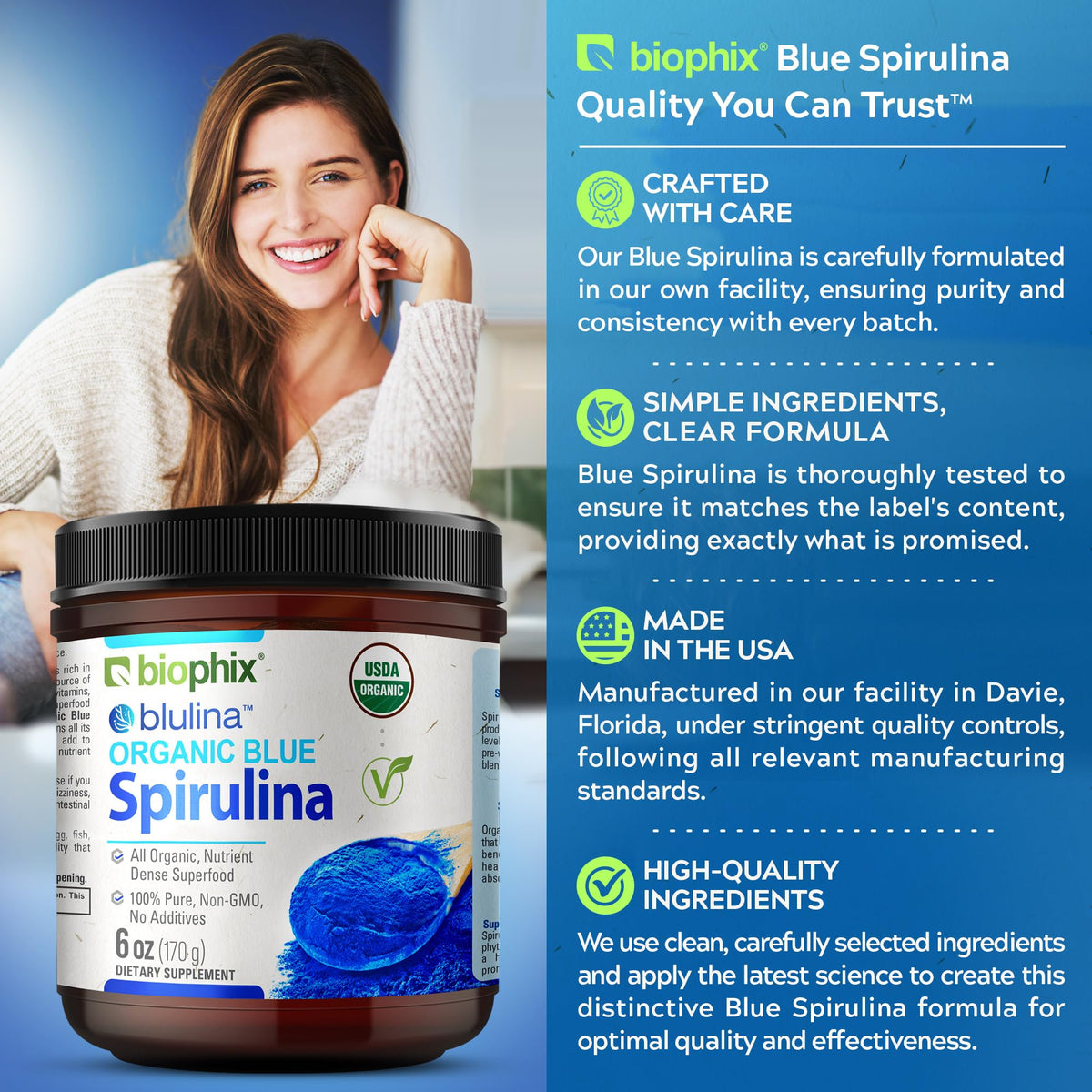 Poudre de spiruline bleue bio biophix utilisée dans un smoothie