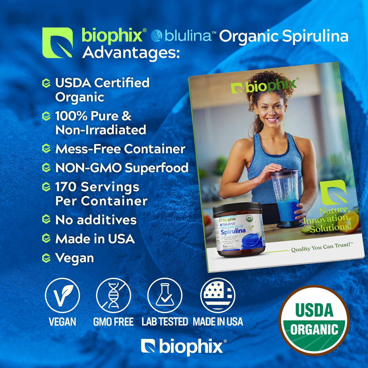Poudre de spiruline bleue bio biophix versée dans un bol