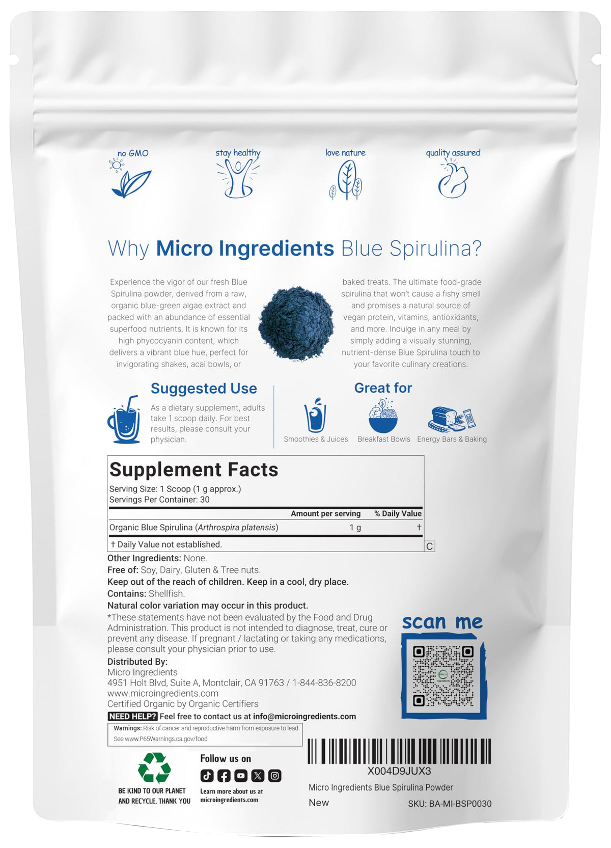 Poudre de Spiruline Bleue Bio dans un bol avec une cuillère