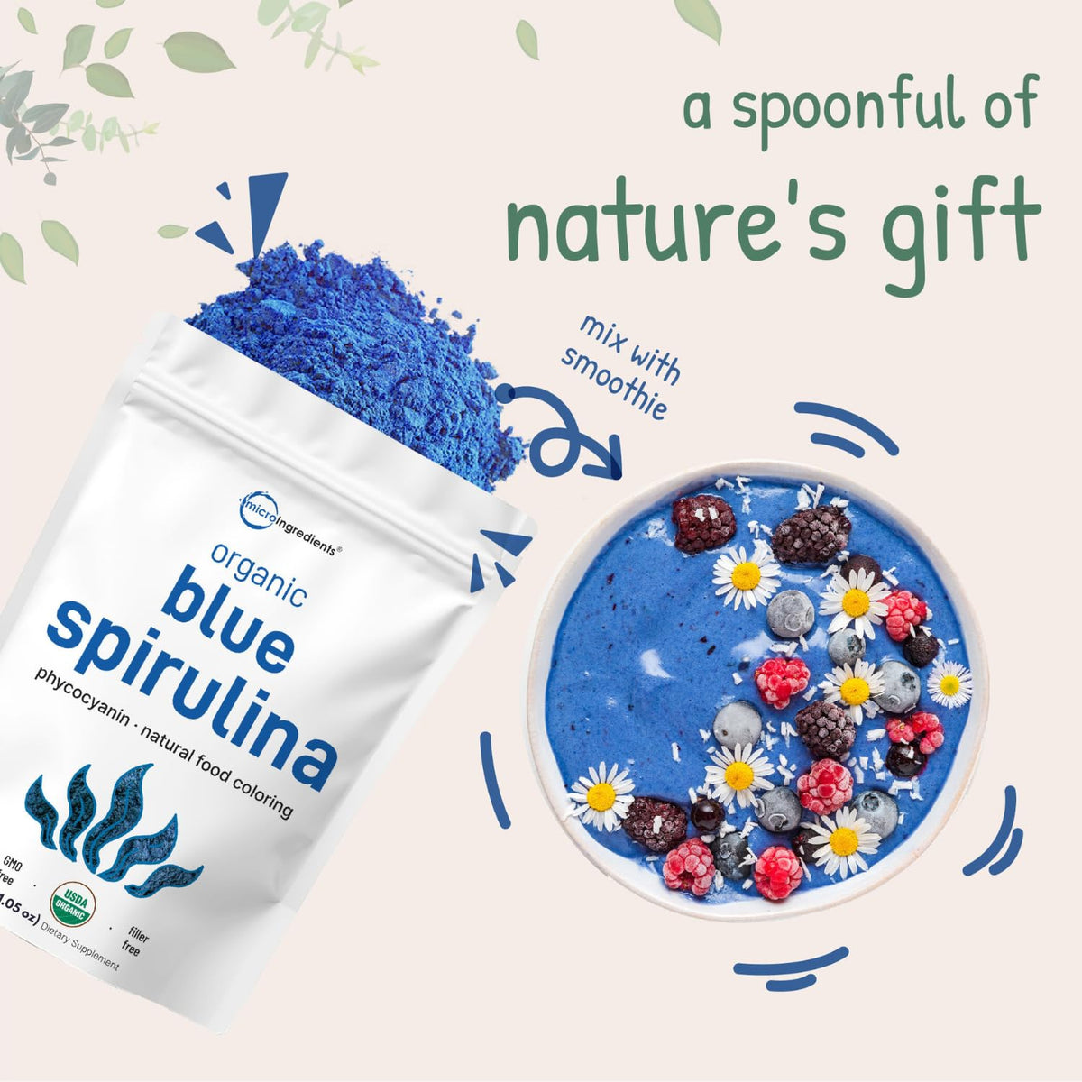 Poudre de Spiruline Bleue Bio Micro Ingredients sur une table en bois
