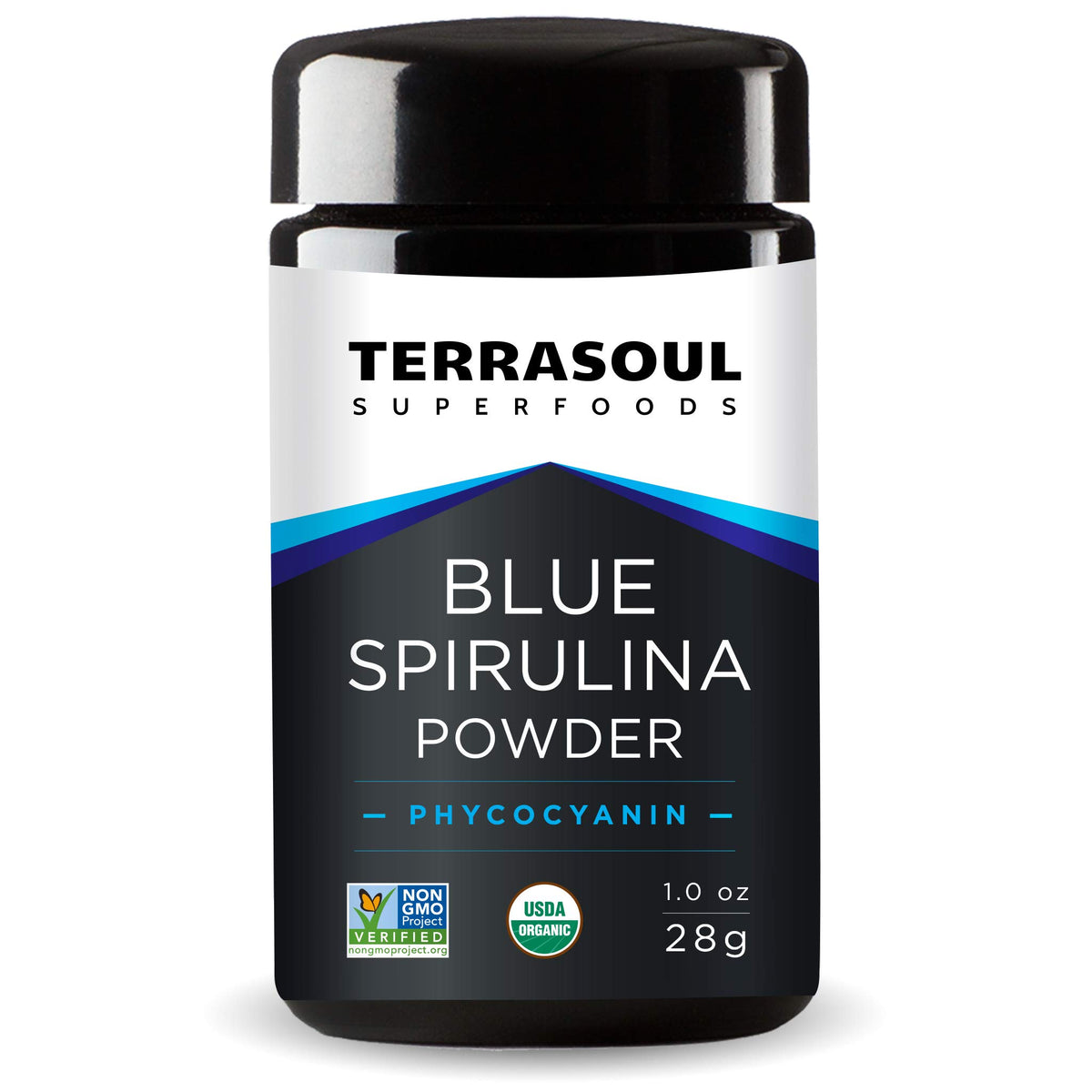 Poudre de spiruline bleue bio Terrasoul Superfoods en pot en verre