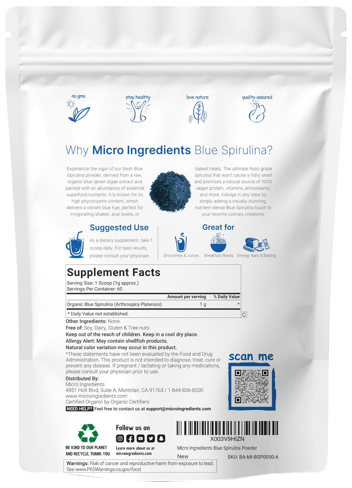 Poudre de spiruline bleue dans un bol avec cuillère