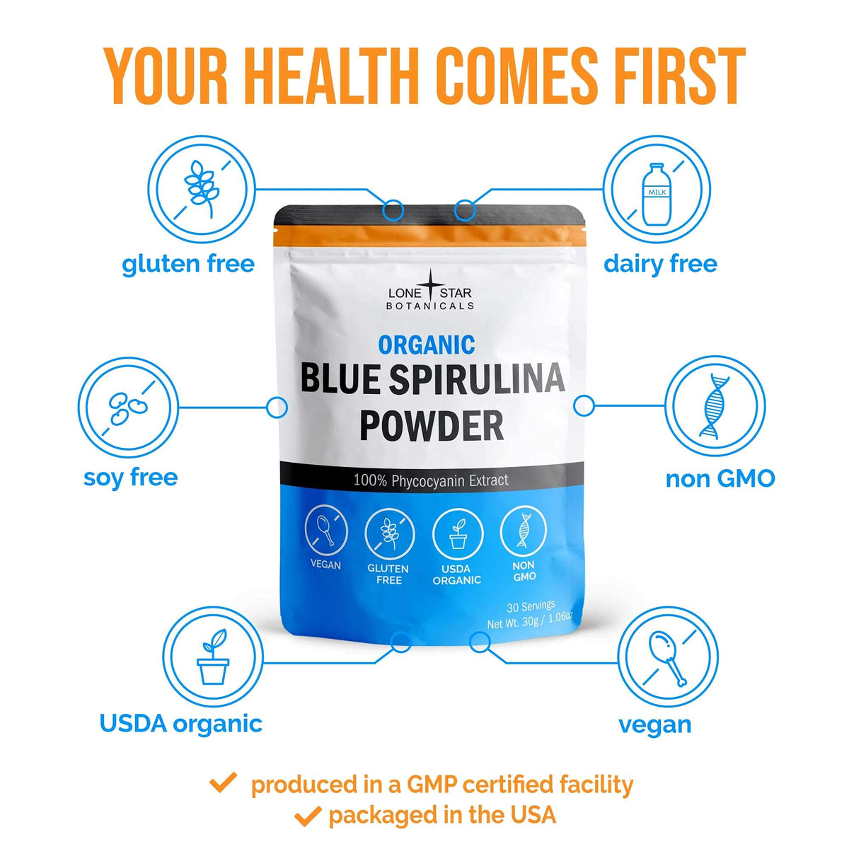 Poudre de spiruline bleue dans une cuillère