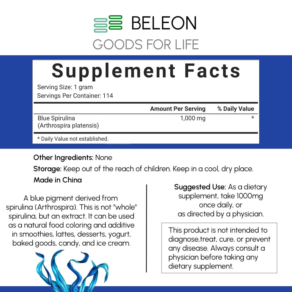 Poudre de Spiruline Bleue de Beleon 122g, présentation dans un bol avec smoothie
