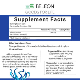 Poudre de Spiruline Bleue de Beleon 122g, présentation dans un bol avec smoothie