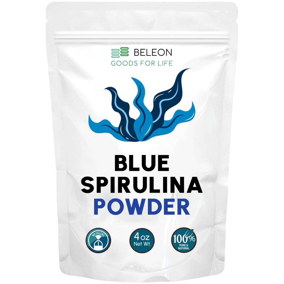 Poudre de Spiruline Bleue de Beleon 122g, vue avant avec étiquette